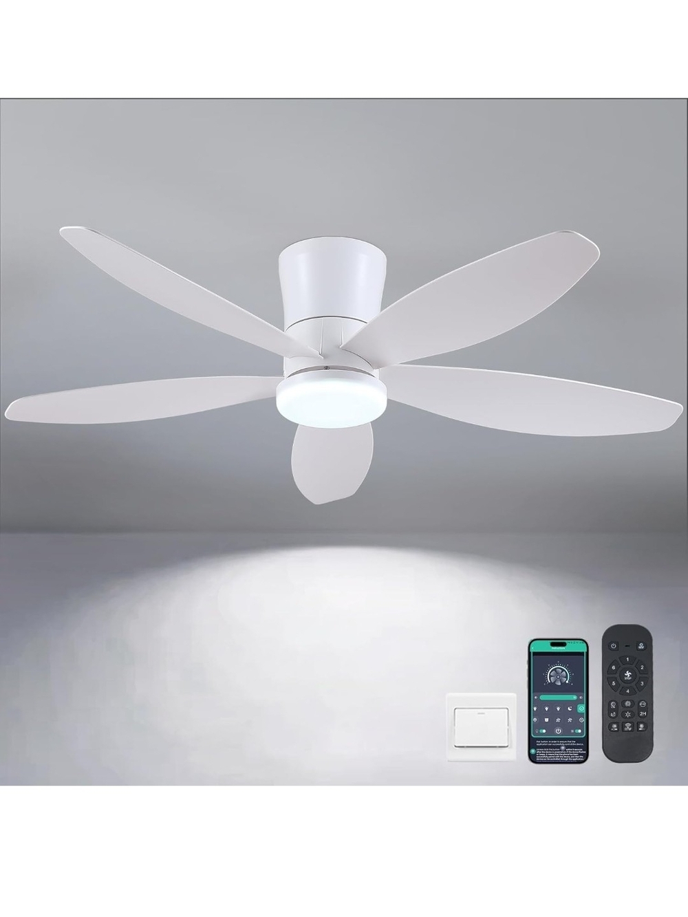 White Ceiling Fan with Light and Remote - Modern 5-Blade